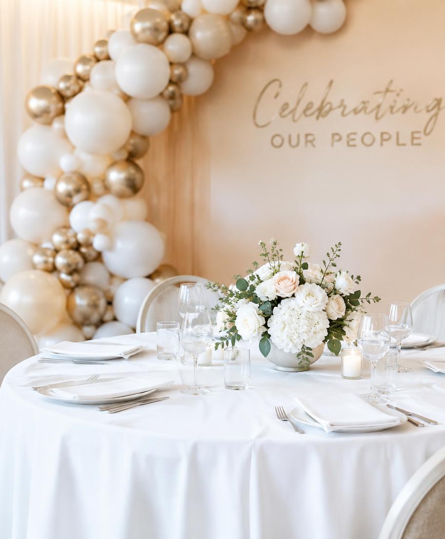 Corporate celebration table with white linens, florals and a champagne balloon arch