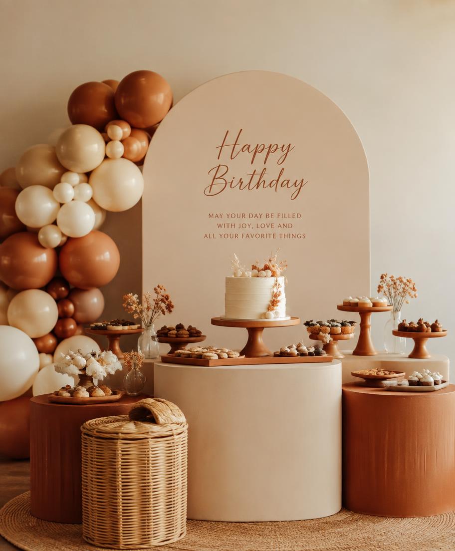Styled birthday dessert table with terracotta and cream decor and a backdrop arch