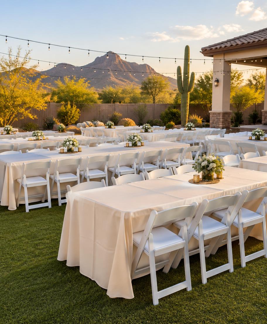 Rental tables with cream covers and white chairs set up in a Phoenix backyard
